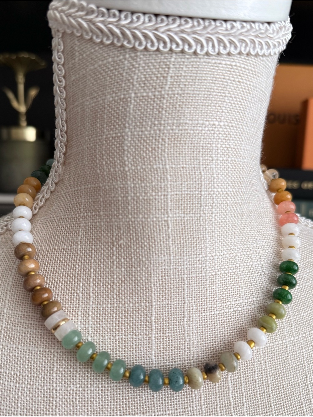 Handmade Multicolor Bead Necklace - Green, White, Brown